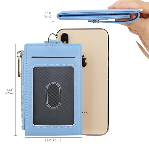 Women Leather RFID Blocking Card Holder Slim Small Zipper Keychain Front Pocket Wallet with 2 ID Window,4