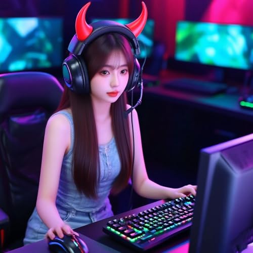 Image of Denash Cat Ear Headphones, Wired RGB Gaming Headset with Mic, Luminous Noise Reduction Over Ear Cute Headphones for Gamers (Black Red)