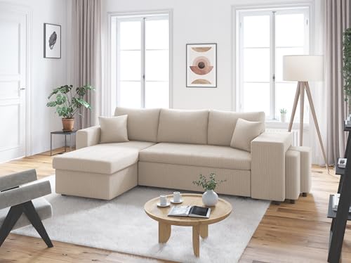 LOUNGITUDE Canapé d'angle réversible Convertible Oslo avec Coffre et 2 poufs en Velours côtelé
