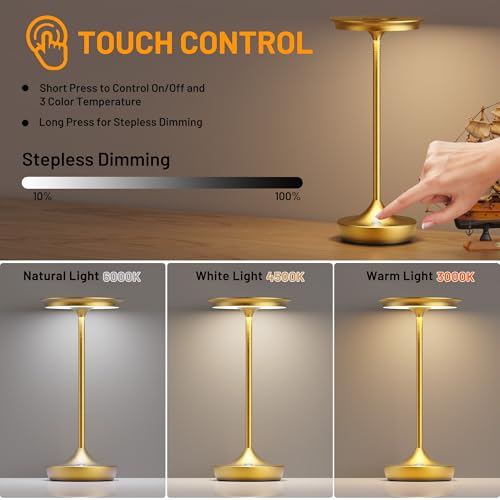 Image of LED Rechargeable Cordless Outdoor 6000mAh Battery Table Lamp 2-Pack Gold | Portable Waterproof 3 Color Stepless Dimmable Lights Memory Function for Patio Restaurant Bar Dining Room
