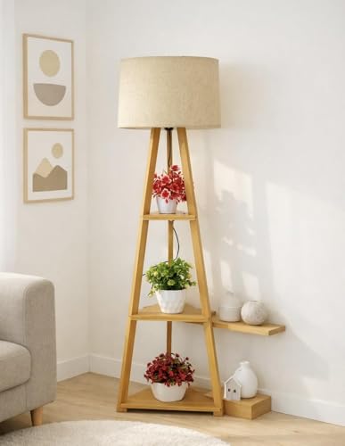 Image of viora Home Wooden Tripod Floor Lamp with 3 Shelves, Modern Standing Lamp with Fabric Shade, Decorative Shelf Floor Lamp for Living Room, Bedroom & Home Decor..