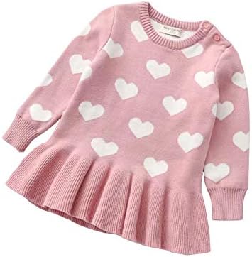 WALLARENEAR Toddler Baby Girl Valentine Dress Kids Heart Long Sleeve Knit Sweater Dress Pleated Dress Fall Winter Warm Outfits (Pink, 3-4 Years)