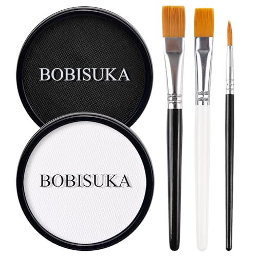 BOBISUKA Black White Face Body Paint, Water Based Face Painting Kit Body Paints with Brushes, Non-Toxic Facepaint for Halloween Party Clown Joker Goth Skull SFX Makeup Costume Cosplay Stage Dress-Up