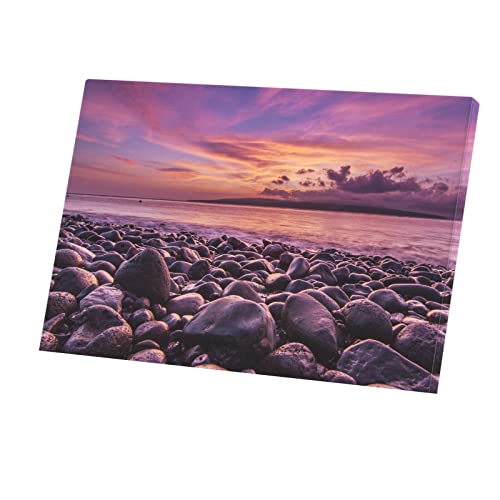 Tableau décoratif soleil couchant plage de galets toile imprimée 60x40 cm