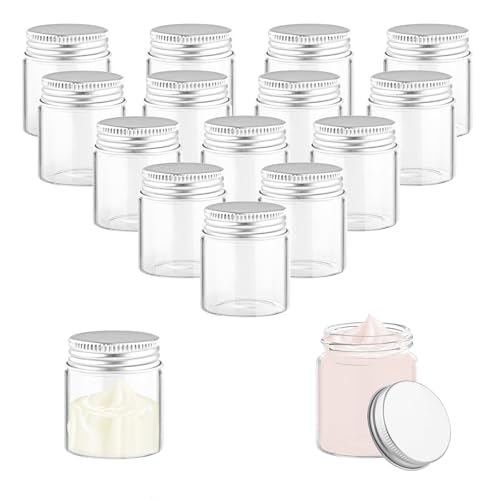 16 unidades de 60 ml mini botellas de cristal, tarros pequeños con tapa de aluminio para rellenar, para almacenamiento de lociones, ungüentos y decoraciones, 6 x 4,7 cm