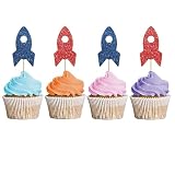 24PCS Rocket Ship Cupcake Toppers, Baby Shower Party Decor for Boys, Astronaut Dessert Picks, Outer...