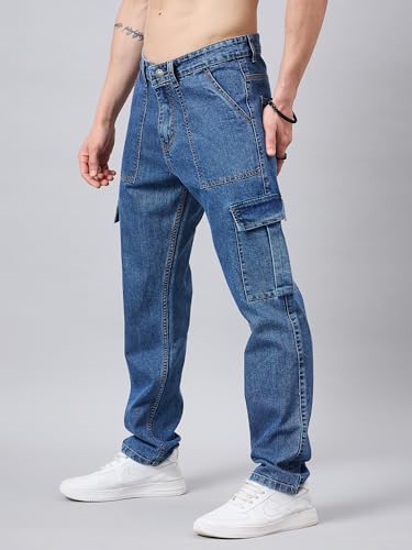 Image of STUDIO NEXX Men's Loose Fit Cargo Jeans | Non Stretchable | Cargo Denim for Men | Loose fit Cargos | Utility Pockets