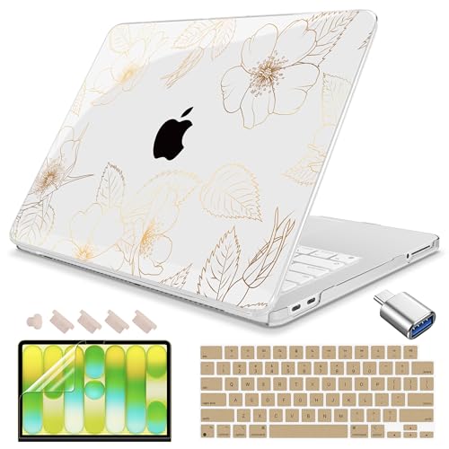 Funda MacBook Neo 13 2026 A3404 con protector de teclado y adaptador USB C flor dorada