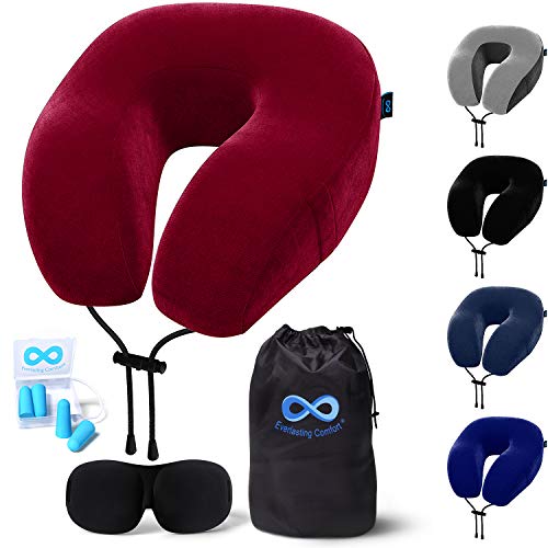 Everlasting Comfort Memory Foam Travel Pillow - Includes Eye Masks and Earplugs - Neck Pillow for Airplane (Red)