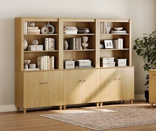 Image of WAMPAT 71 inch Tall Bookcase with Doors & Storage Cabinet, 3 Column Modern 5-Tier Bookshelf with Adjustable Shelf, 106 inch Wide Wooden Display Book Shelf for Home Office, Living Room, Bedroom, Oak