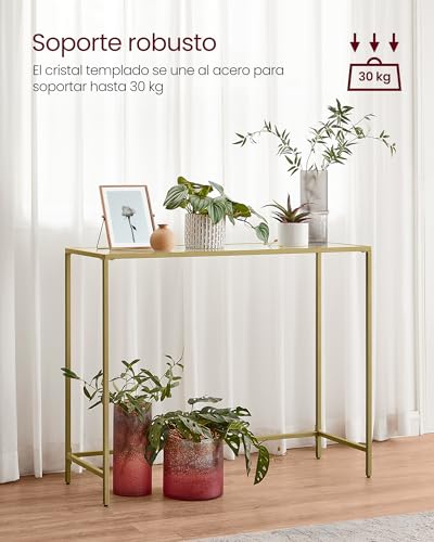 VASAGLE Mesa de Consola, Mesa de Entrada, Extremo del Sofá, Tablero de Vidrio Templado, Marco de Metal, Patas Ajustables, para Salón, Entrada, Pasillo, Dorado Pálido y Transparente LGT132A01 - imagen 4