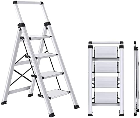 XinSunho Step Ladder 4 Step Stool, Retractable Handgrip Aluminum Ladders 4 Tread, Folding Steps Anti-Slip 330lbs Capacity Safety Household Ladder
