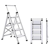 XinSunho Klapptritt Teleskopische Handschiene,Aluminium Tritthocker,Stufenleiter,rutschfeste Stehleiter,klein und kompakt,Belastbar bis 150 kg, 4 Stufen