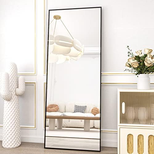 HARRITPURE 64"x21" Full Length Mirror Aluminum Frame Wall Mirror Floor Rectangle Mirrors Standing Wall & Leaning Large Dressing Mirror for Living Room Bedroom Cloakroom,Black