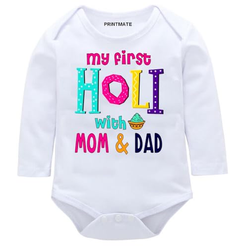 Image of Printmate Cotton My First Holi Dress White Full Sleeve Romper | Bodysuit For Baby And Toddlers -D100