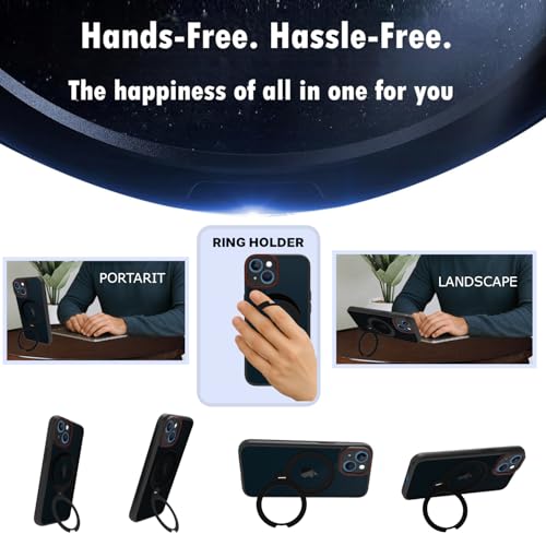 Image of RIGGEAR Shockproof Tough Hybrid Armor 360 Rotating Magnetic Ring Stand Back Cover Case Compatible with MagSafe Accessories for iPhone 14 (Smoke Black Matte PC and Black TPU Bumper)