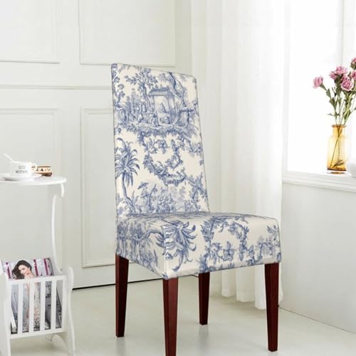 Gerrit TL85C9XY-582019184 Blue French Country Toile Pattern Dining Chair Covers Stretch Removable Washable Kitchen Chair Slipcovers thumb #4