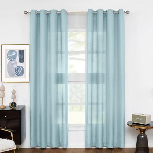 Melodieux Cortinas semitraslúcidas de color azul de 63 pulgadas de largo para ventanas pequeñas, sala de estar, dormitorio, aspecto de lino, cortinas de gasa con ojales, 42 x 63 pulgadas (2 paneles)