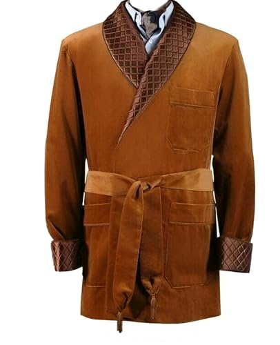 Men Luxurious Brown Velvet Smoking Jacket Men’s Dress Gown with Quilted Shawl Collar