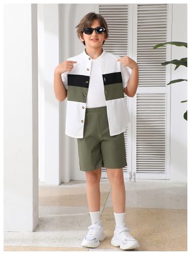 Image of GORGLITTER Boy's Short Sets Clothing Set Button Down Short Sleeve Shirt and Shorts Summer Outfits 2 Piece 8-12Y Army Green 12Y