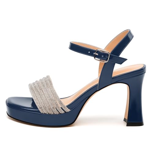 Women's Square Toe Heeled Sandals - Chunky Platform with Rhinestone Strap, Solid Color Ankle Strap Sandals for Work, Parties & Daily Wear2