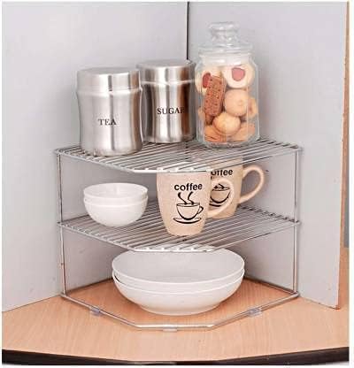 12FOR COLLECTION Multipurpose Sturdy Stainless Steel Corner Shelf Rack for Plates, Bowls & Cups in Kitchen - Size (25.5 x 25.5 x 32.0 cm) and 12 Cup Stand Cup Holder (Combo)