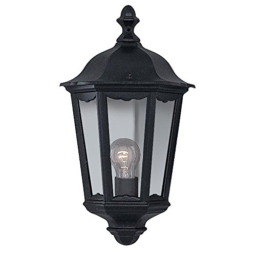 Britalia Black Outdoor Traditional Half Lantern Flush Wall Light with Clear Glass - 43cm Height - 1 x E27 ES Large Edison Screw Light Bulb Required (Not Included)
