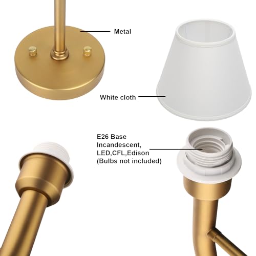 Image of Yosoan Brass Gold Retro Boho Fabric Stairwell Wall Sconce Set of 2, Vintage Vanity Beige Indoor Wall Mounted Hardwired Funnel White Cloth Fabric Shade for Bedroom Hallway Living Room(Antique)