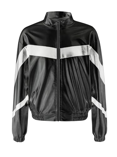 Kids Girls Shiny Metallic Zipper Bomber Moto Jacket Dance Disco Party Coat Lightweight Flight Jacket Outerwear3