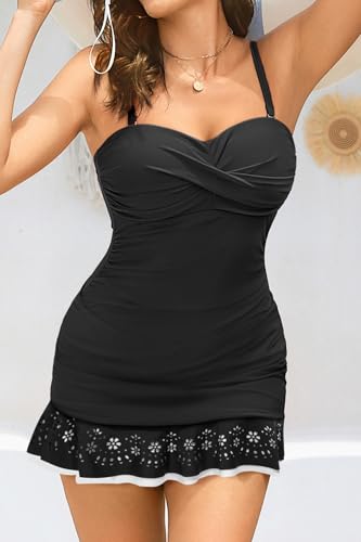 Image of Holipick Women's One Piece Swim Dress Strapless Swimsuit Skirted