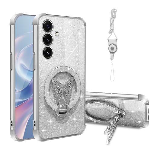 Coque Samsung S25 FE Magsafe avec béquille papillon et dragonne argentée