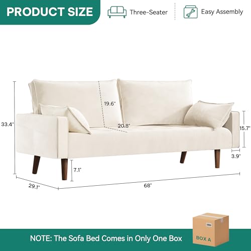 DWVO 68" Loveseat Sofa, Velvet Fabric Sofa Couch for Small Space, Modern Loveseat with Button Tufted Seat and Side Storage Pockect, 3 Seater Couch for Living Room Bedroom, 2 Pillows Included, Beige