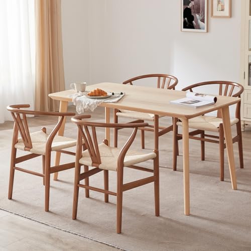 Farini Set of 4 Fully Assembled Wishbone Rattan Dining Room Chairs Weave Solid Wood Y Chairs Walnut