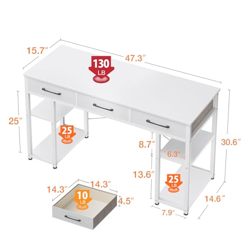 ODK-Office-Small-Computer-Desk-Home-Table-with-Fabric-Drawers-Storage-Shelves-Modern-Writing-Desk-White-48x16