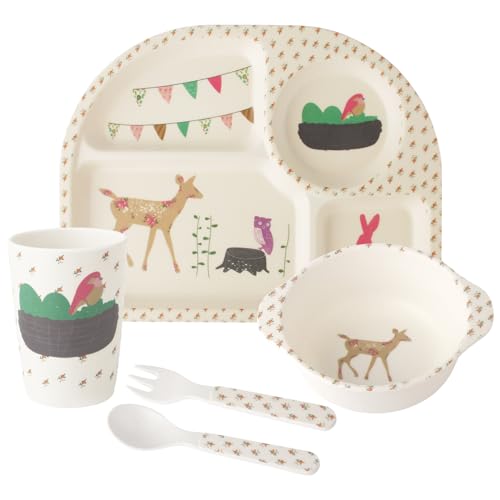 Bamboo Toddler Dinnerware Set,5Pcs Kids Dinnerware Set,Bamboo Kids Plates and Bowls Set,Kids Dishes Dinnerware Sets with Plate,Bowl,Cup,Fork and Spoon