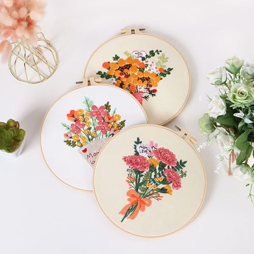 Image of FONNUY Bouquet Flowers Embroidery Kit Love Mom for Beginners, Pre-Stamped Pattern Kits for Adults with Hoop, Easy to Follow Color Thread Needlework, 8'' Hoop (Wildflowers)