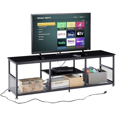 VECELO TV Stand with Power Outlets for Televisions up to 65Inch, 55" Media Entertainment Center with Charging Station 3-Tier Open Storage Shelves with Metal Frame for Living Room/Bedroomï¼ŒBlack