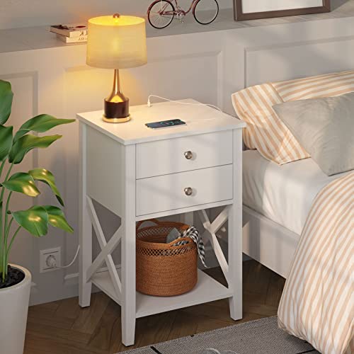Rolanstar Nightstand With Charging Station, Night Stand With 2 Drawers, 2 Ac And Usb Power Outlets, Accent Bed Side Table With Storage Shelf For Bedroom, White #TOP1