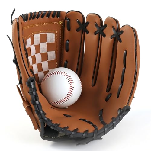 Gant de Baseball pour Enfants/Jeunes/Adultes, Gants de Softball de Sport en Cuir PU Main Gauche (Marron A, 12,5 Pouces)
