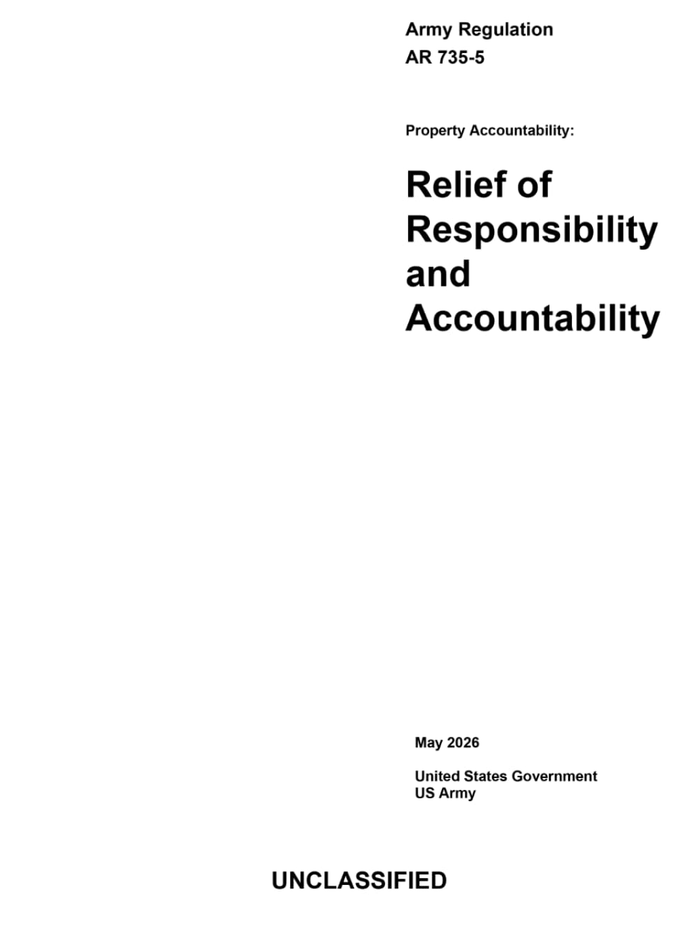 Army Regulation AR 735-5 Property Accountability: Relief of Responsibility and Accountability May 2026