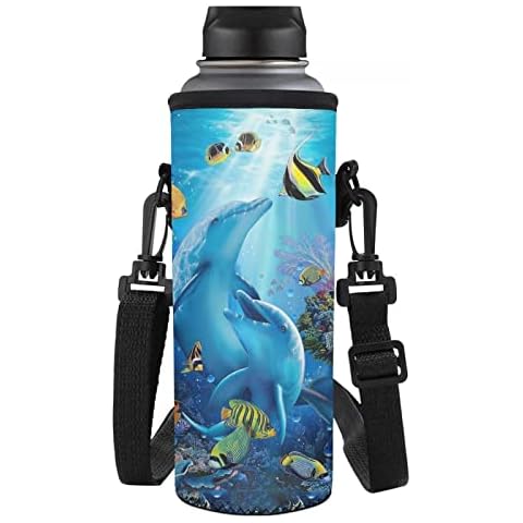 HUIACONG Dolphin Water Bottle Carrier Bag Tropical Sea Print,32 Oz / 24 Oz Neoprene Water Bottle Holder with Adjustable Shoulder Strap for Walking Hiking Travel Running Cover