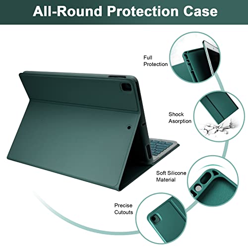 Image of SOPPY Bluetooth Keyboard Case with Mouse for iPad 9th Gen 2021, 8th Gen 2020, 7th Gen 2019 10.2 inch, Air 3 & Pro 10.5 inch, Detachable Wireless Keyboard, Slim Protective Cover, Rechargeable, Dark Green