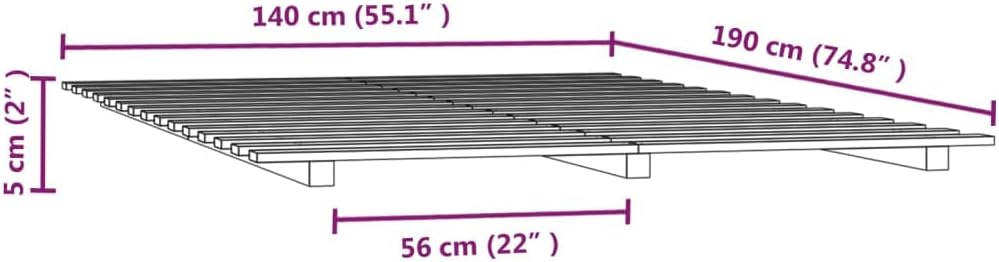 Diagram showing bed frame dimensions: 140 cm width, 190 cm length, 5 cm height, and 56 cm leg spacing