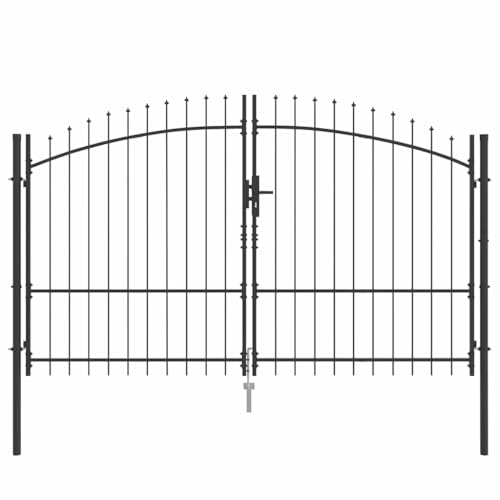 vidaXL Puerta de Jardín con Punta de Lanza Doble Abatible Gris 2.995 x 2.245 m | Acero Revestido en Polvo. Entrada Tradicional, Duradera y Resistentes a los Rayos UV, Ideal para Espacios Exteriores,
