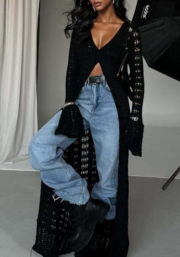 Image of Unybwonn Long Cardigans for Women Crochet Hollow Out Knit Sweater Cover up Maxi Dress Long Sleeve Button Down Cardigan