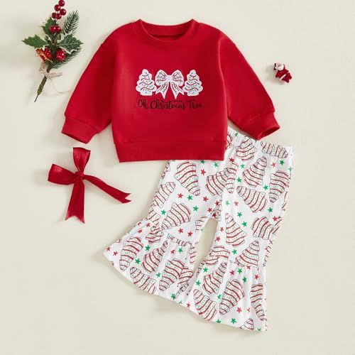 Kids Toddler Baby Girl Christmas Outfit Bow Christmas Tree Sweatshirt Bell Bottom Flared Pants Set 2Pcs Xmas Clothes4