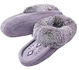 Eucoz Womens Moccasin Slippers Soft Sole,Leather Moccasins House Slippers with Rabbit Fur Collar Fleece Lined Slip On House Shoes