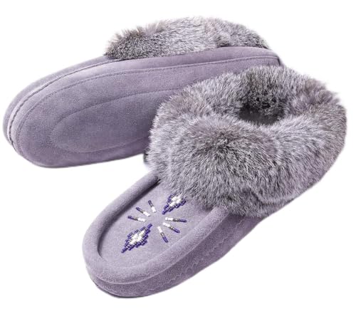 Women Moccasins Indoor Slippers of Soft Sole Fleece Lined Rabbit Fur Trim