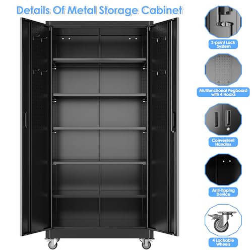Image of Aobabo Black Metal Garage Storage Cabinet with Wheels, 34 inchW x 18 inchD x 71 inchH