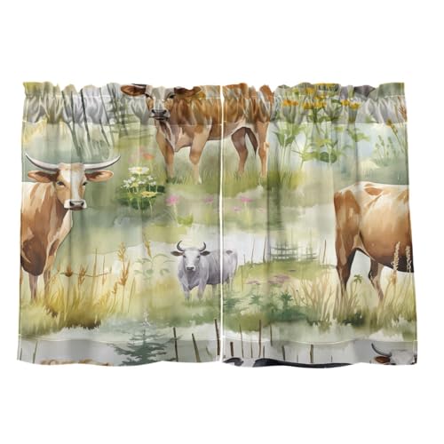 J JOYSAY Watercolor Cow Grass Kitchen Curtains 36 inch Short Tier Curtains for Small Windows Half Window Treatments for Bedroom Living Room 2 Panels